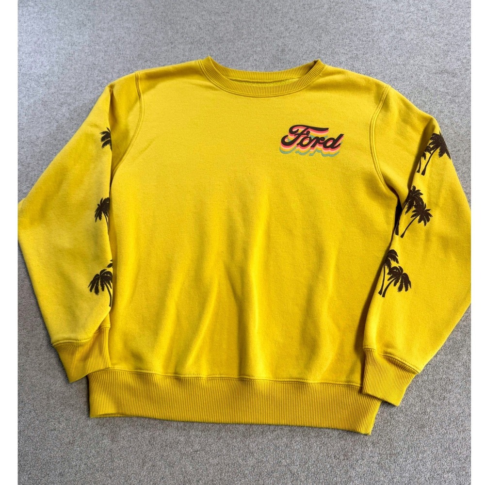 Ford Sweatshirt Mens‎ Medium Yellow Retro Logo Palm Tree Graphic Crewneck